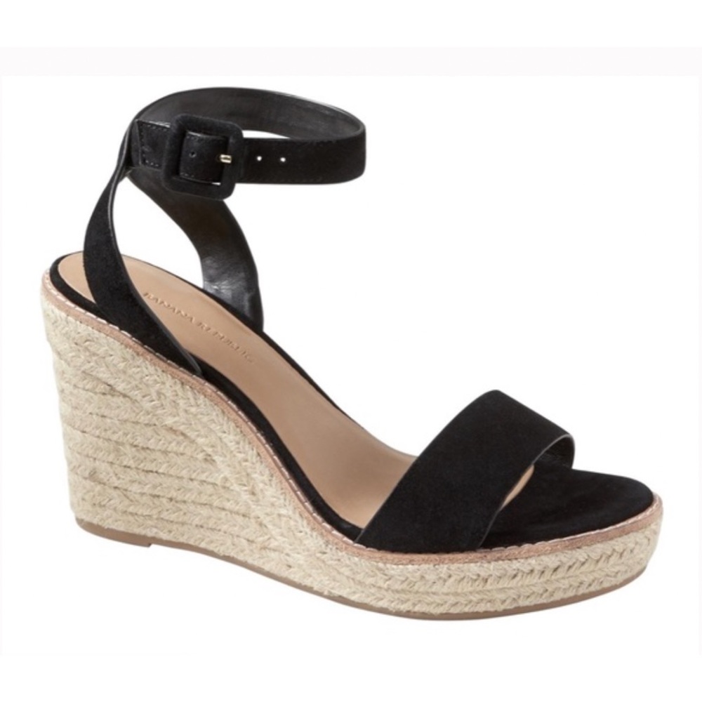 NWT BANANA REPUBLIC Suede Wedge Espadrilles Ankle Strap Black